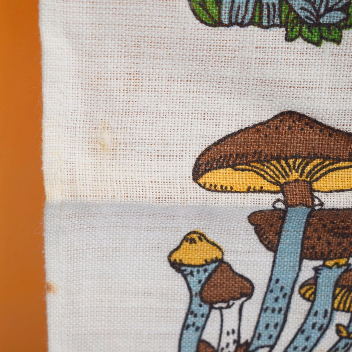 Vintage 1970s Cotton Tea Towel - Mushroom/ Toadstool Print .