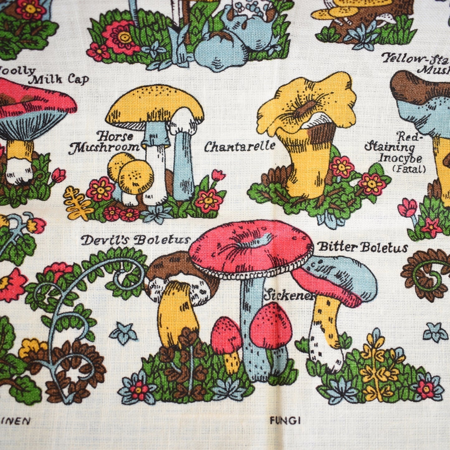 Vintage 1970s Cotton Tea Towel - Mushroom/ Toadstool Print .