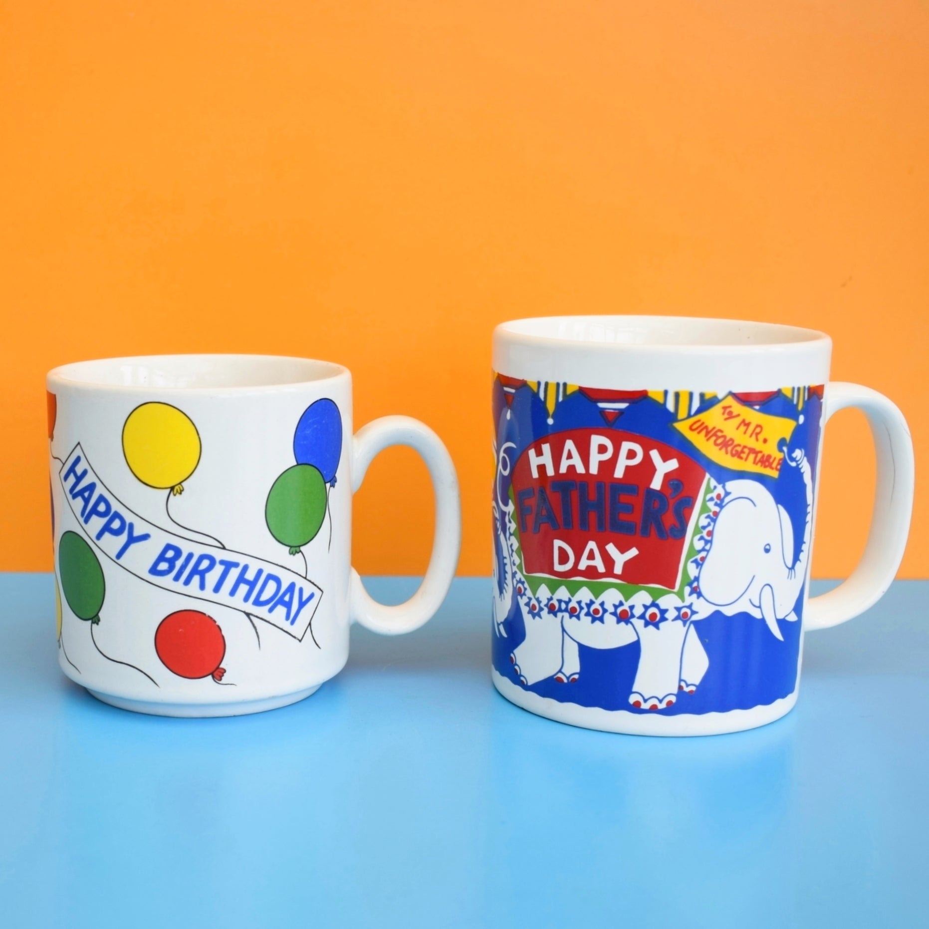 Vintage 1980s Mugs- Happy Birthday / Fathers Day - Rainbow by Vintage