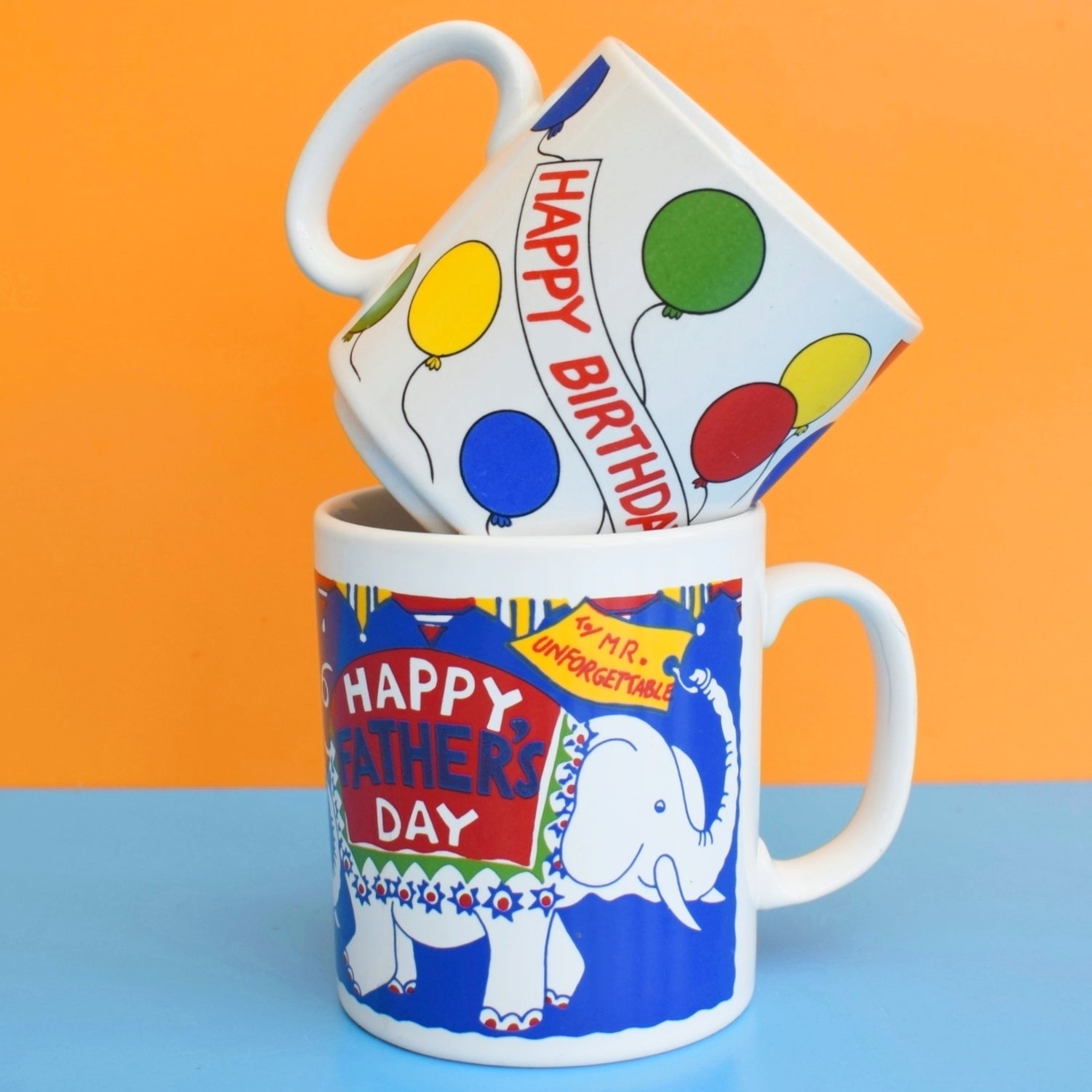 Vintage 1980s Mugs- Happy Birthday / Fathers Day - Rainbow by Vintage