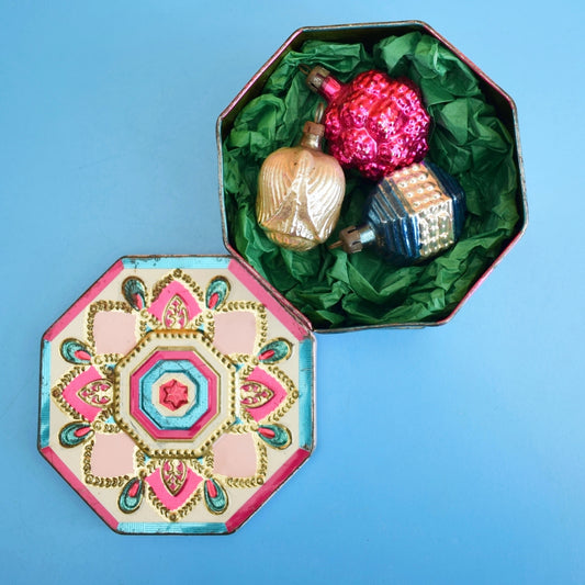 Vintage 1960s Glass Christmas Baubles In Pretty Tin