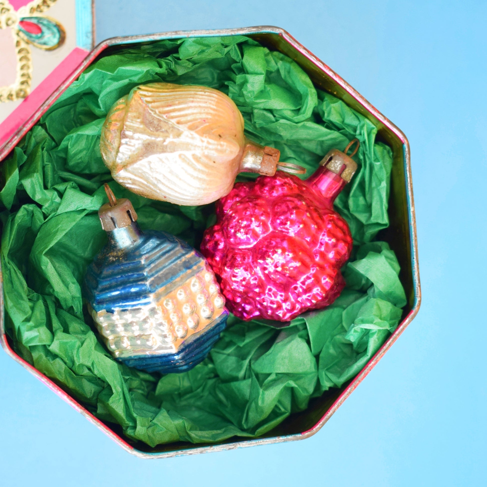 Vintage 1960s Glass Christmas Baubles In Pretty Tin by Pineapple Retro