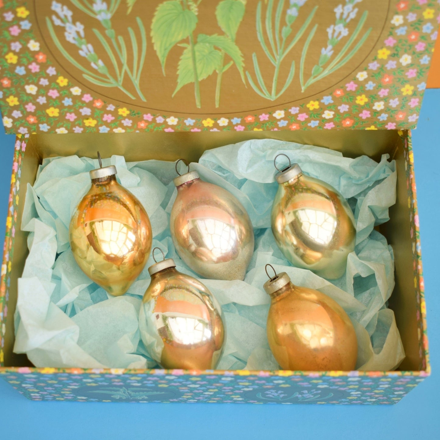 Vintage 1960s Glass Christmas Baubles In Pretty Floral Boxes by Pineapple Retro
