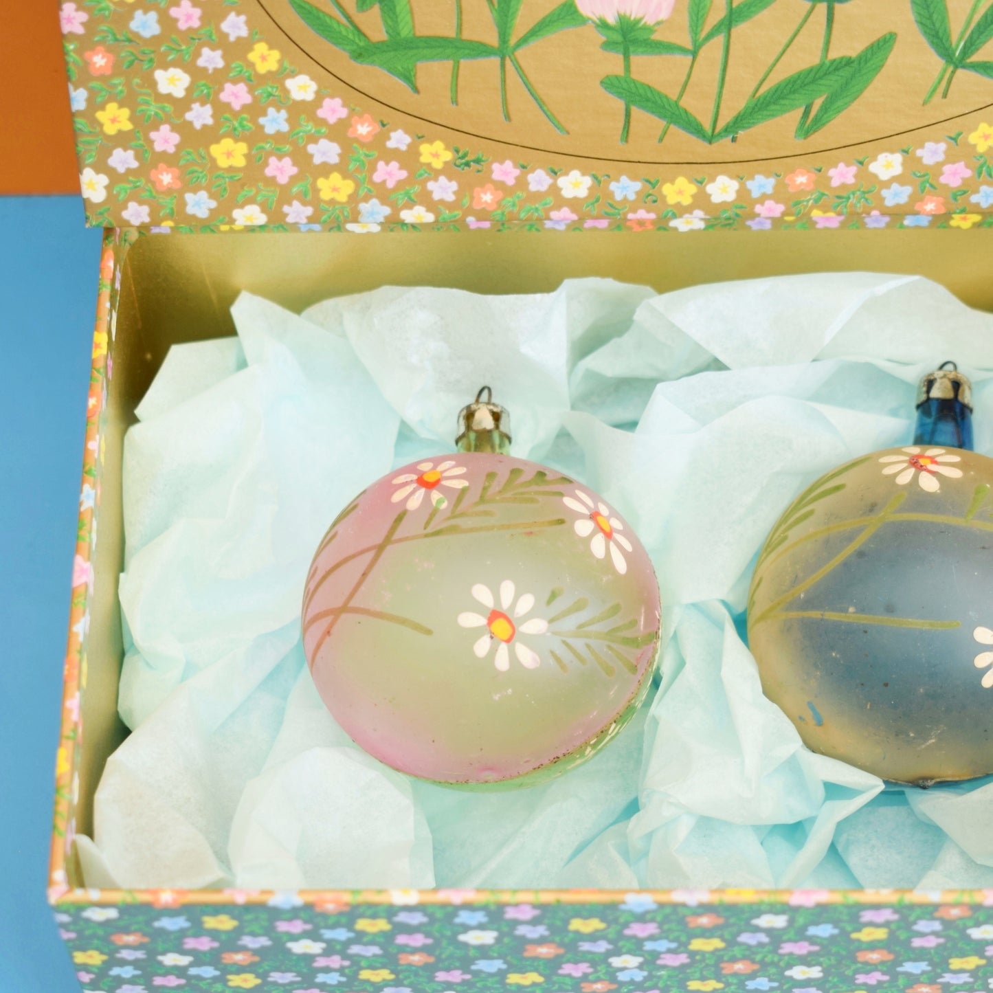 Vintage 1960s Glass Christmas Baubles In Pretty Floral Boxes by Pineapple Retro