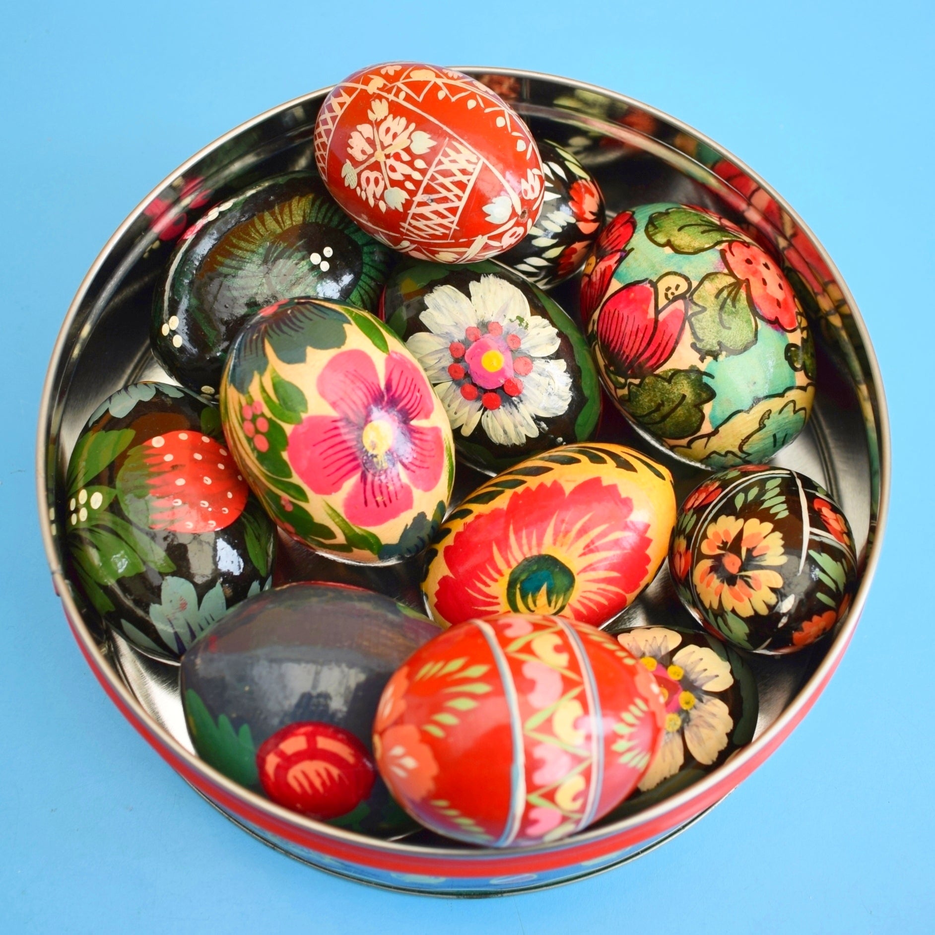 Vintage Wooden Hand Painted Eggs - Folk Art Flowers x8 by Vintage