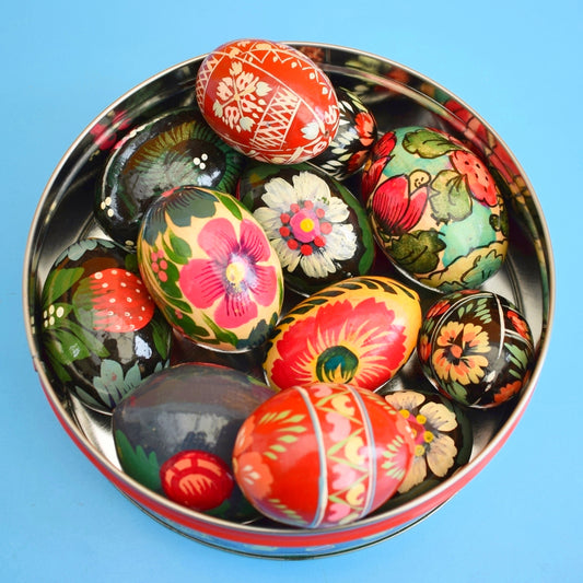 Vintage Wooden Hand Painted Eggs - Folk Art Flowers x8