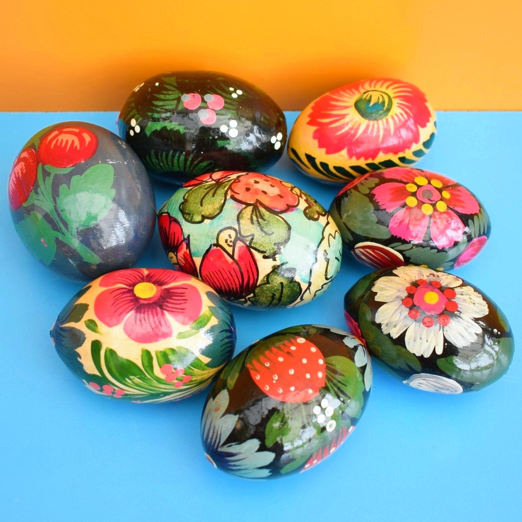 Vintage Wooden Hand Painted Eggs - Folk Art Flowers x8 by Vintage