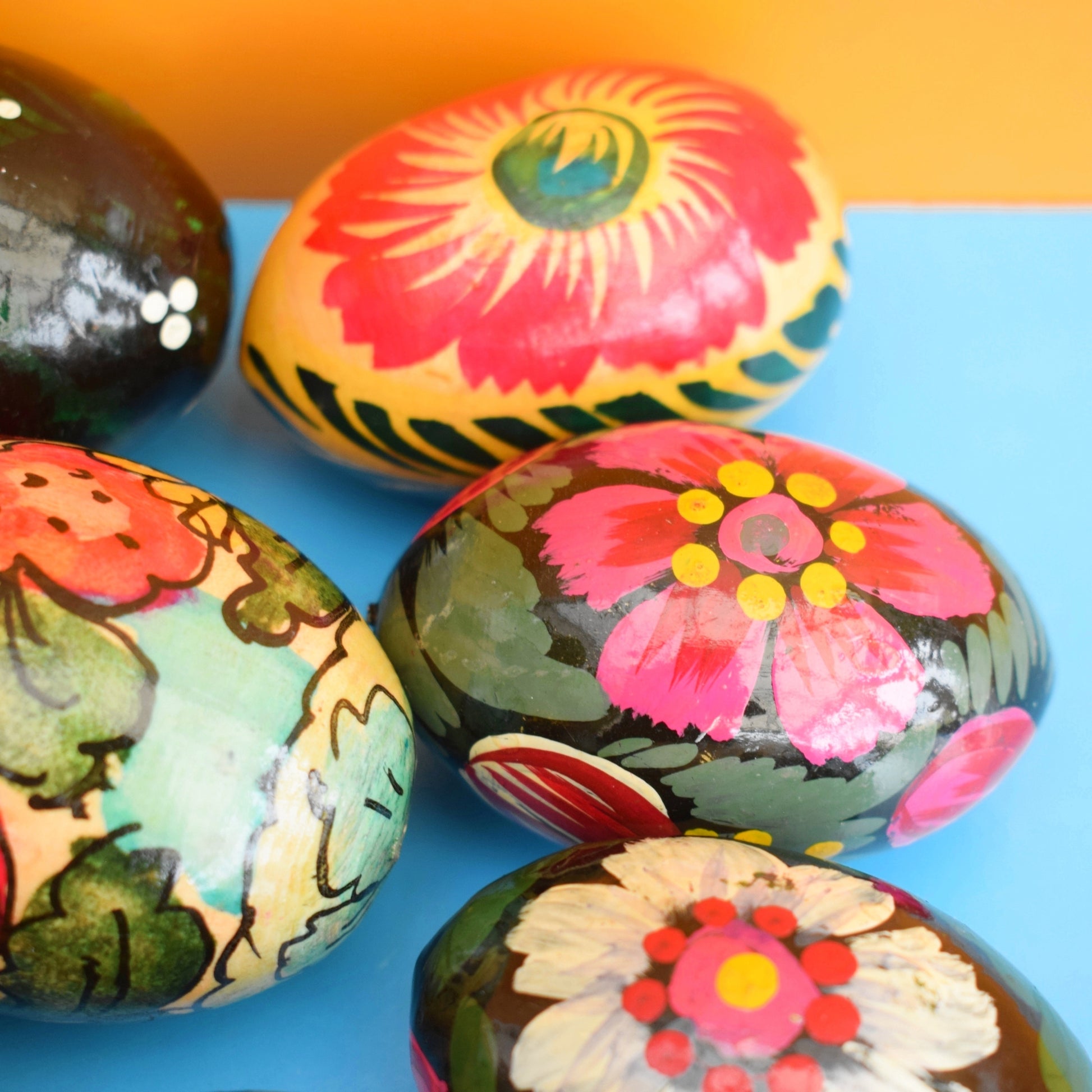 Vintage Wooden Hand Painted Eggs - Folk Art Flowers x8 by Vintage