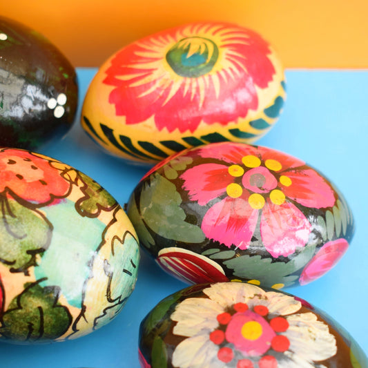 Vintage Wooden Hand Painted Eggs - Folk Art Flowers x8