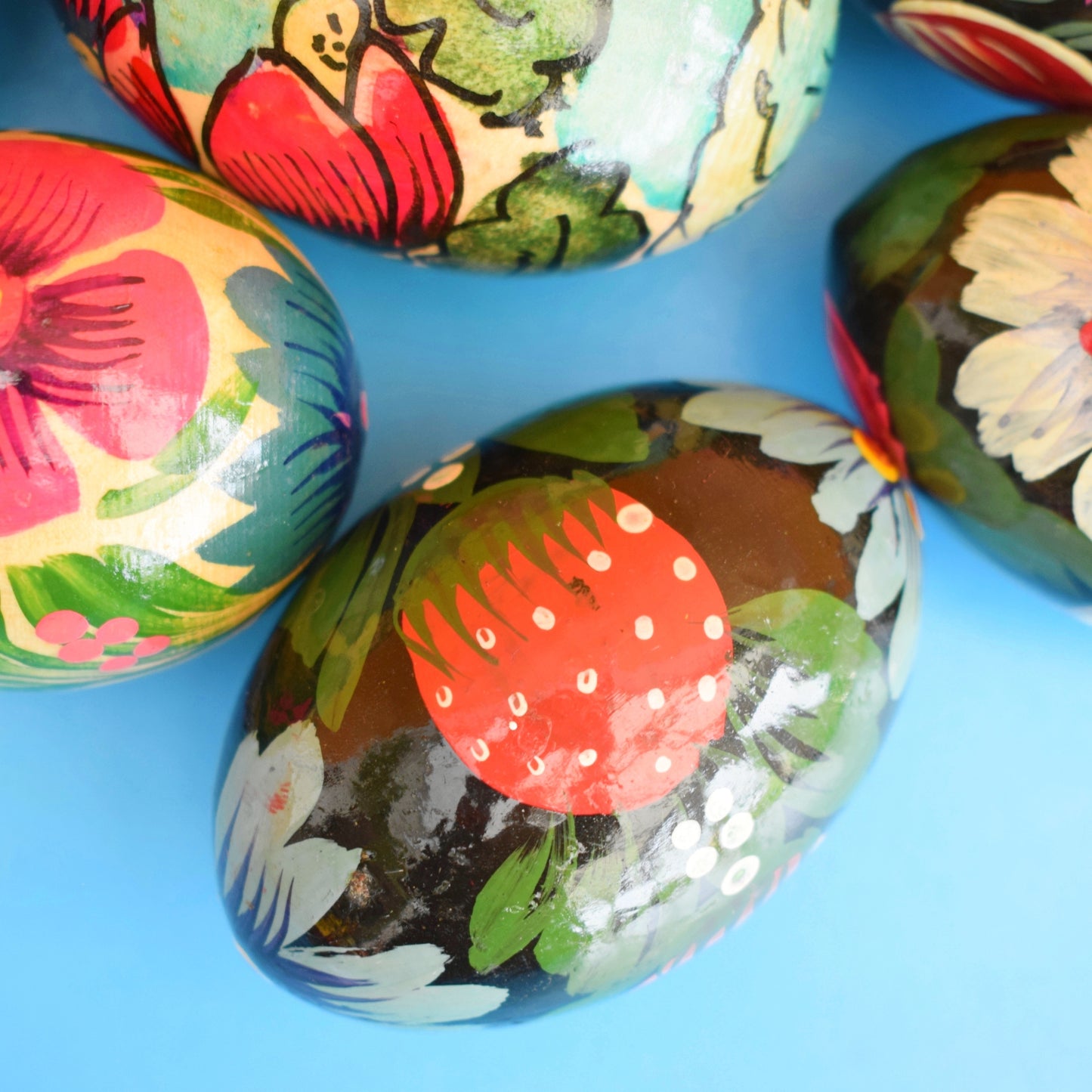 Vintage Wooden Hand Painted Eggs - Folk Art Flowers x8 by Vintage