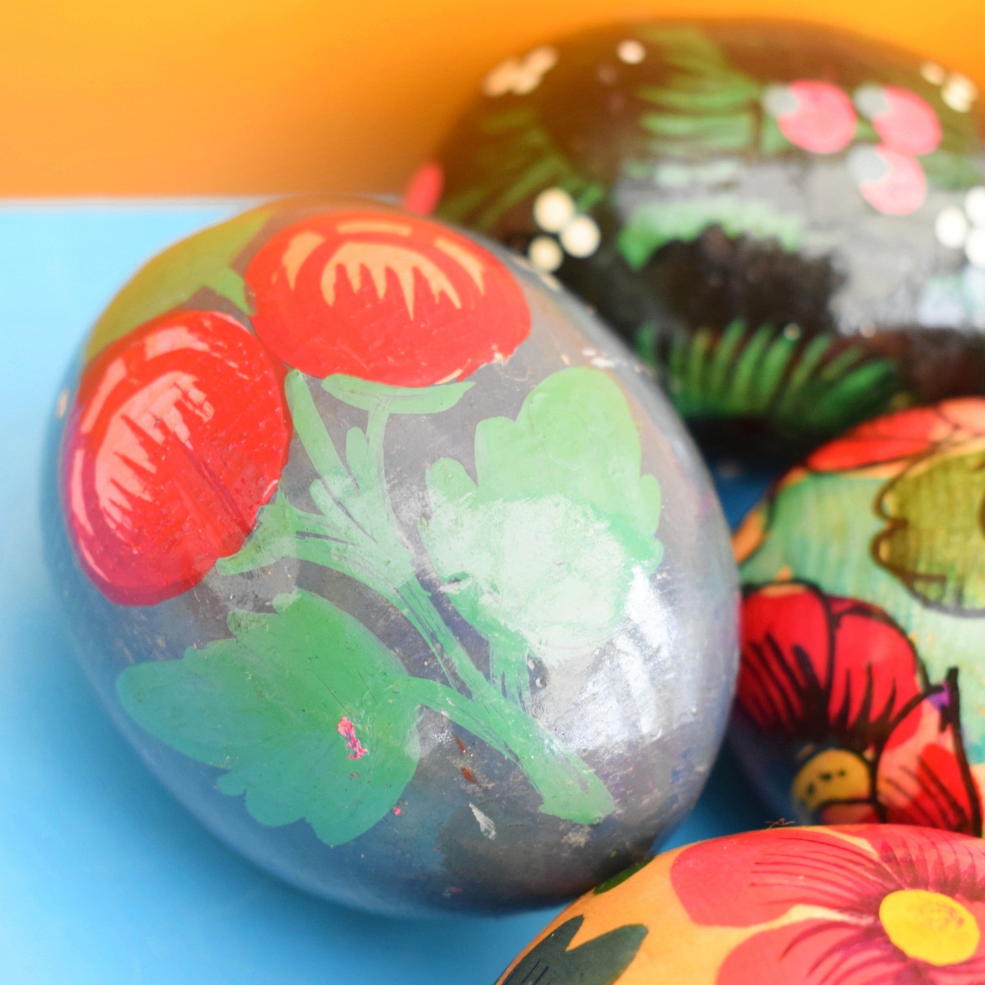 Vintage Wooden Hand Painted Eggs - Folk Art Flowers x8 by Vintage