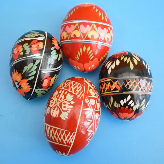 Vintage Wooden Hand Painted Eggs - Folk Art x4