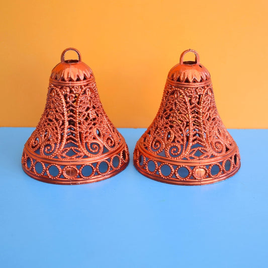 Vintage 1960s Kitsch Hard Plastic Christmas Decorations - Bells - Orange