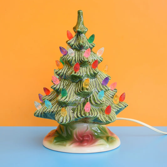 Vintage 1970s Ceramic Christmas Tree Lamp - Rainbow Bulbs - Green - Small