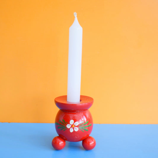 Vintage 1960s Swedish Wooden Candle Holders - Red Pair