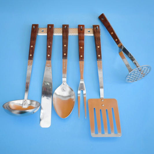Vintage 1960s Kitchen Utensil Rack & Teak Handled Set - Prestige
