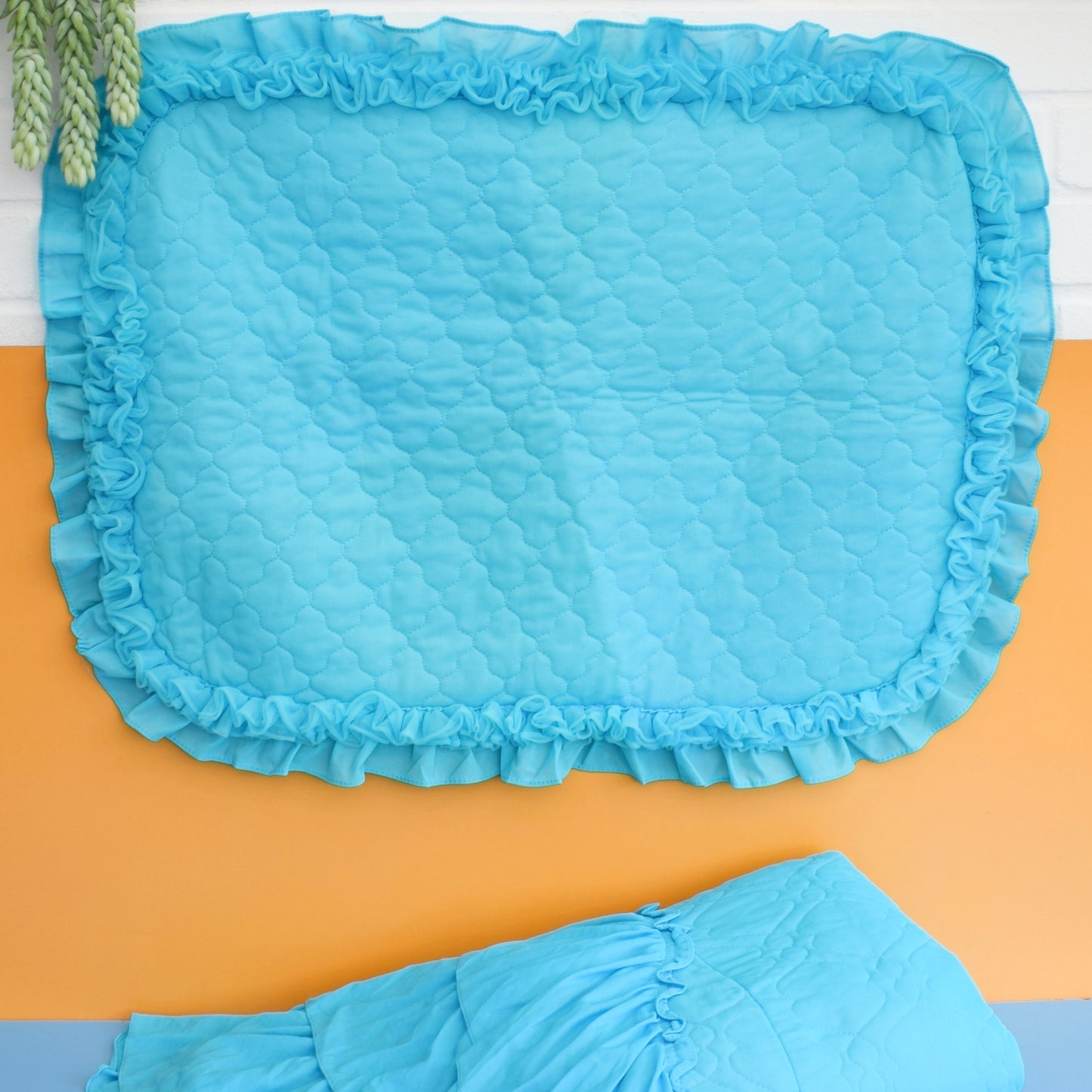Vintage 1960s Double Bed Cover - Nylon Frill - Turquoise