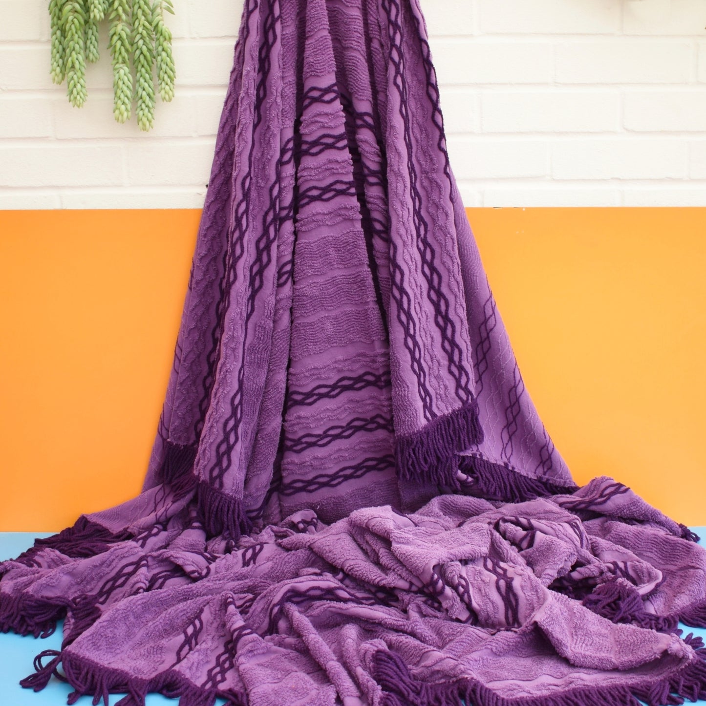 Vintage 1960s Double Bed Cover - Purple Candlewick Bedspread