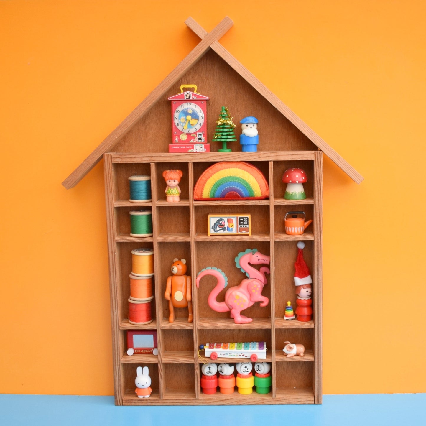 Vintage 1970s Pine House Shaped Collectables Shelf by Pineapple Retro