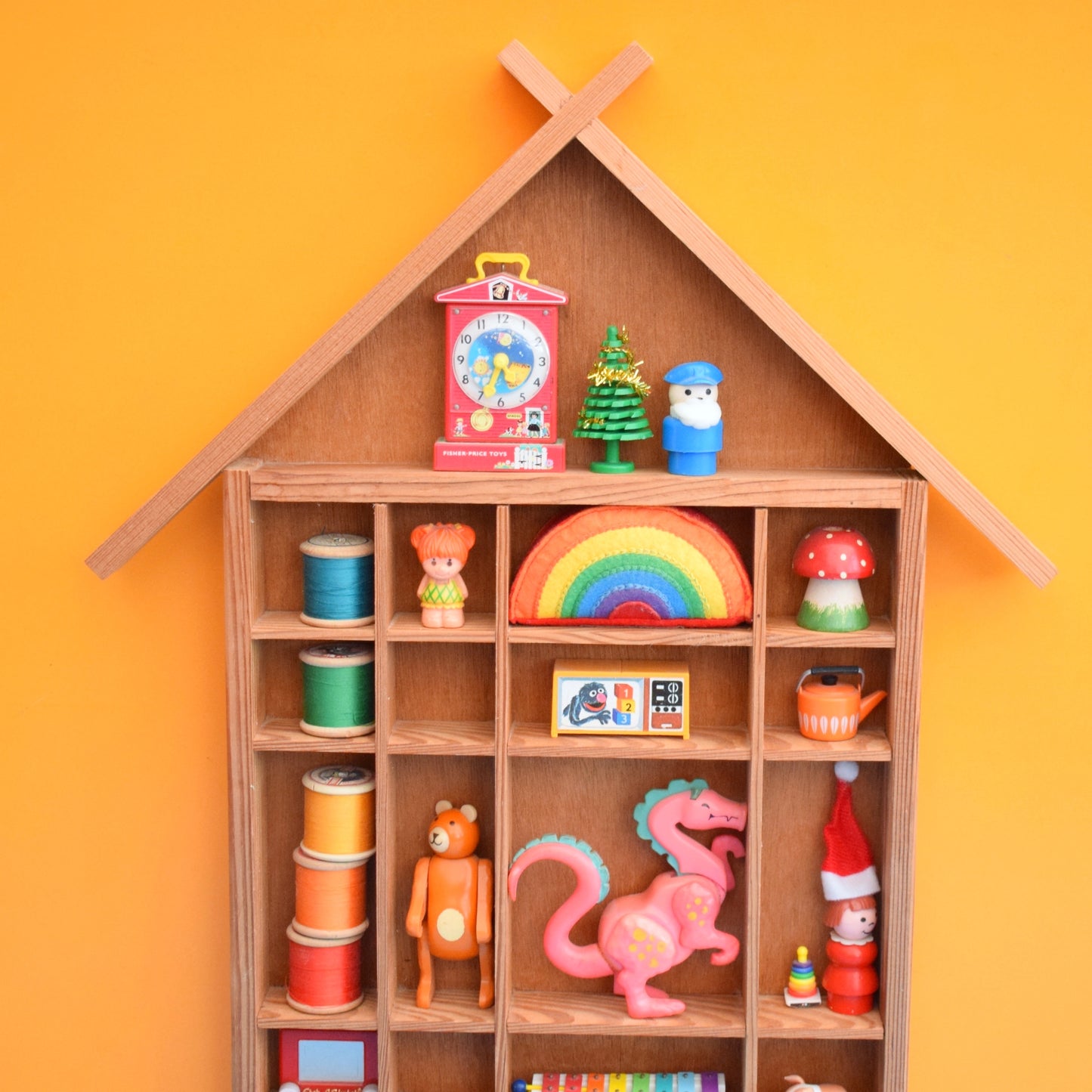 Vintage 1970s Pine House Shaped Collectables Shelf by Pineapple Retro