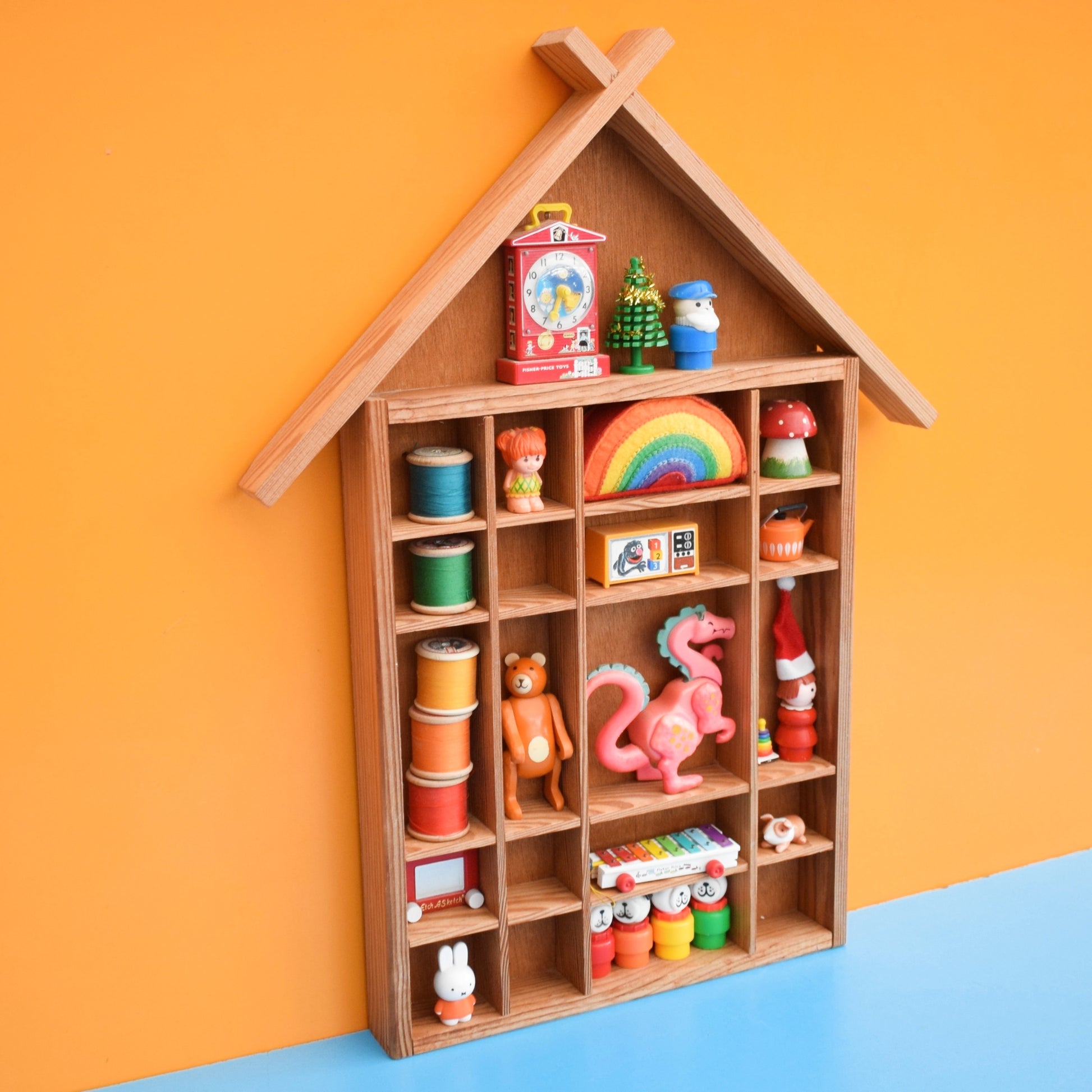 Vintage 1970s Pine House Shaped Collectables Shelf by Pineapple Retro