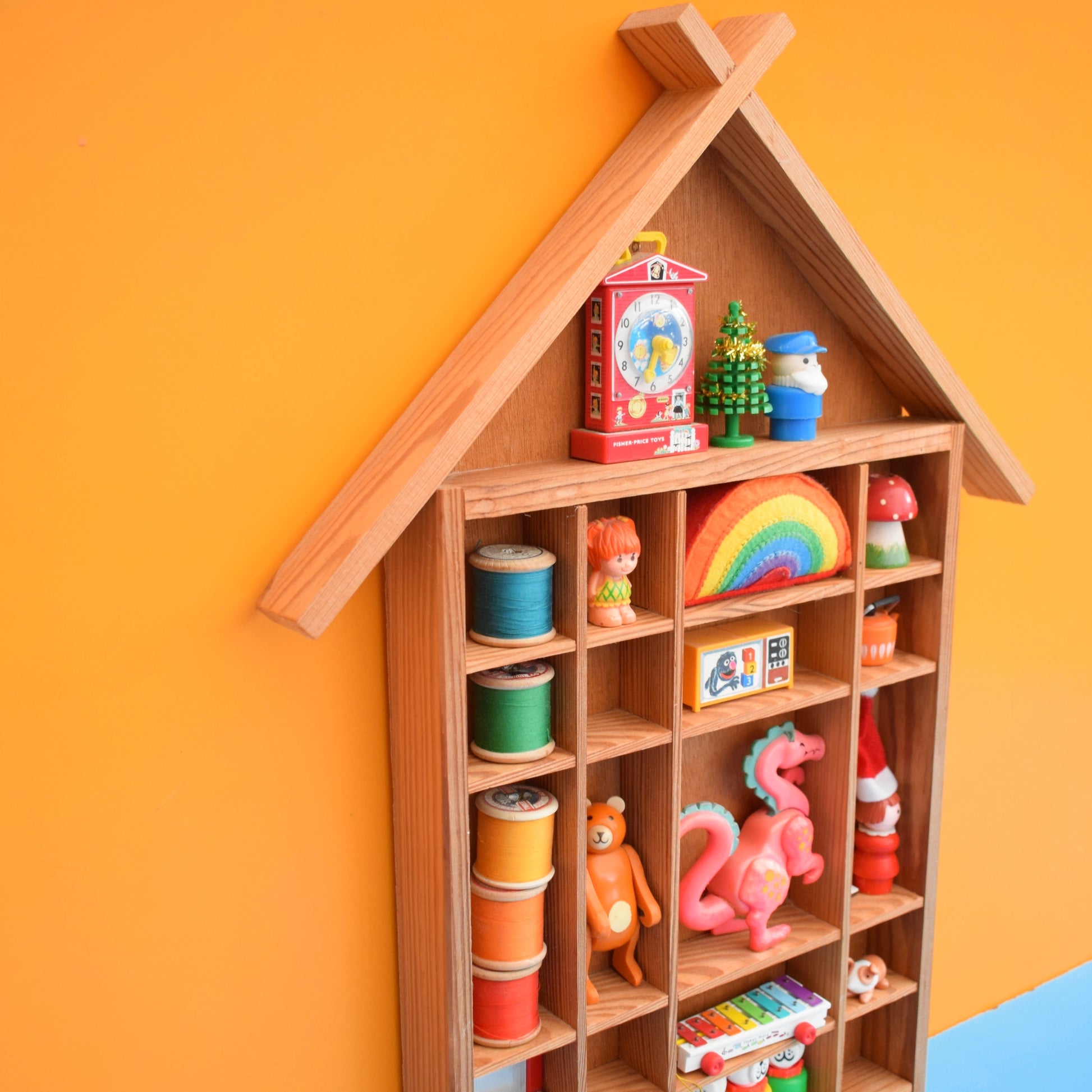 Vintage 1970s Pine House Shaped Collectables Shelf by Pineapple Retro