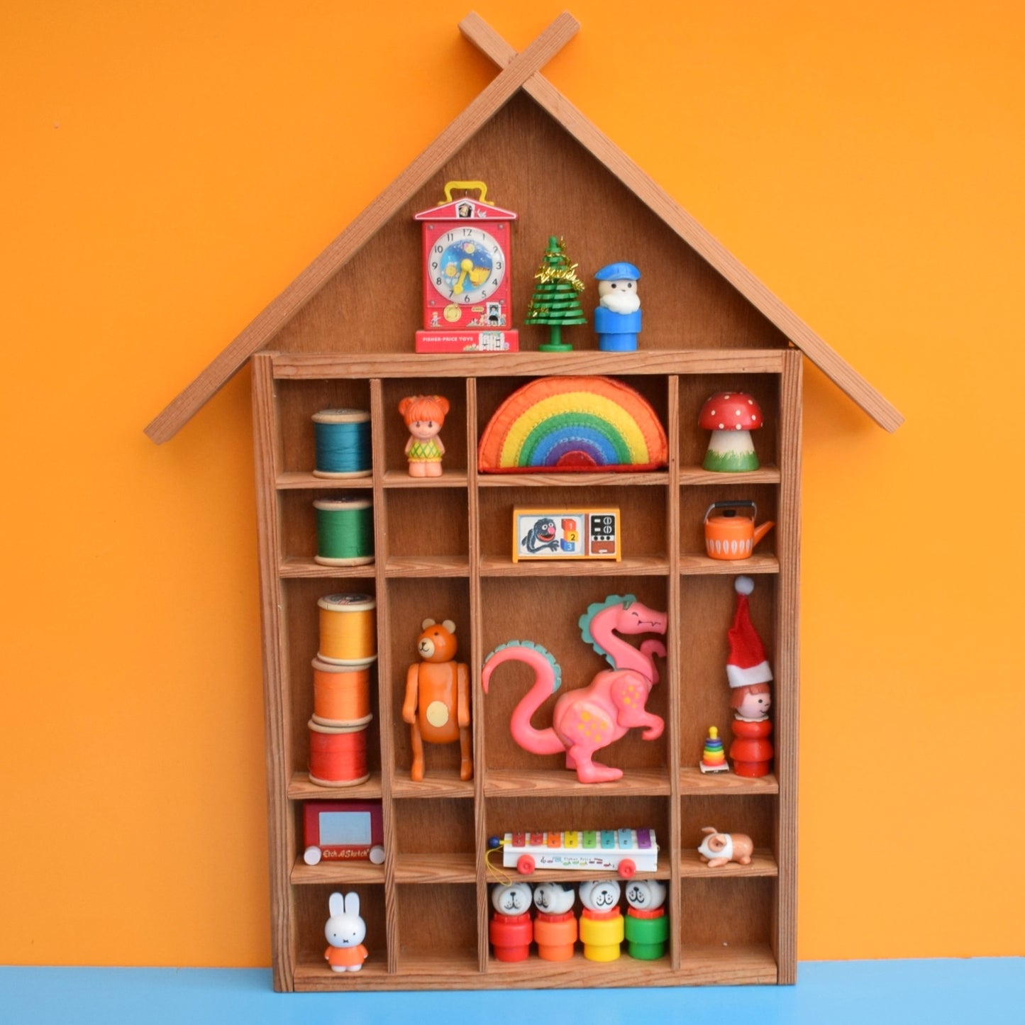 Vintage 1970s Pine House Shaped Collectables Shelf by Pineapple Retro