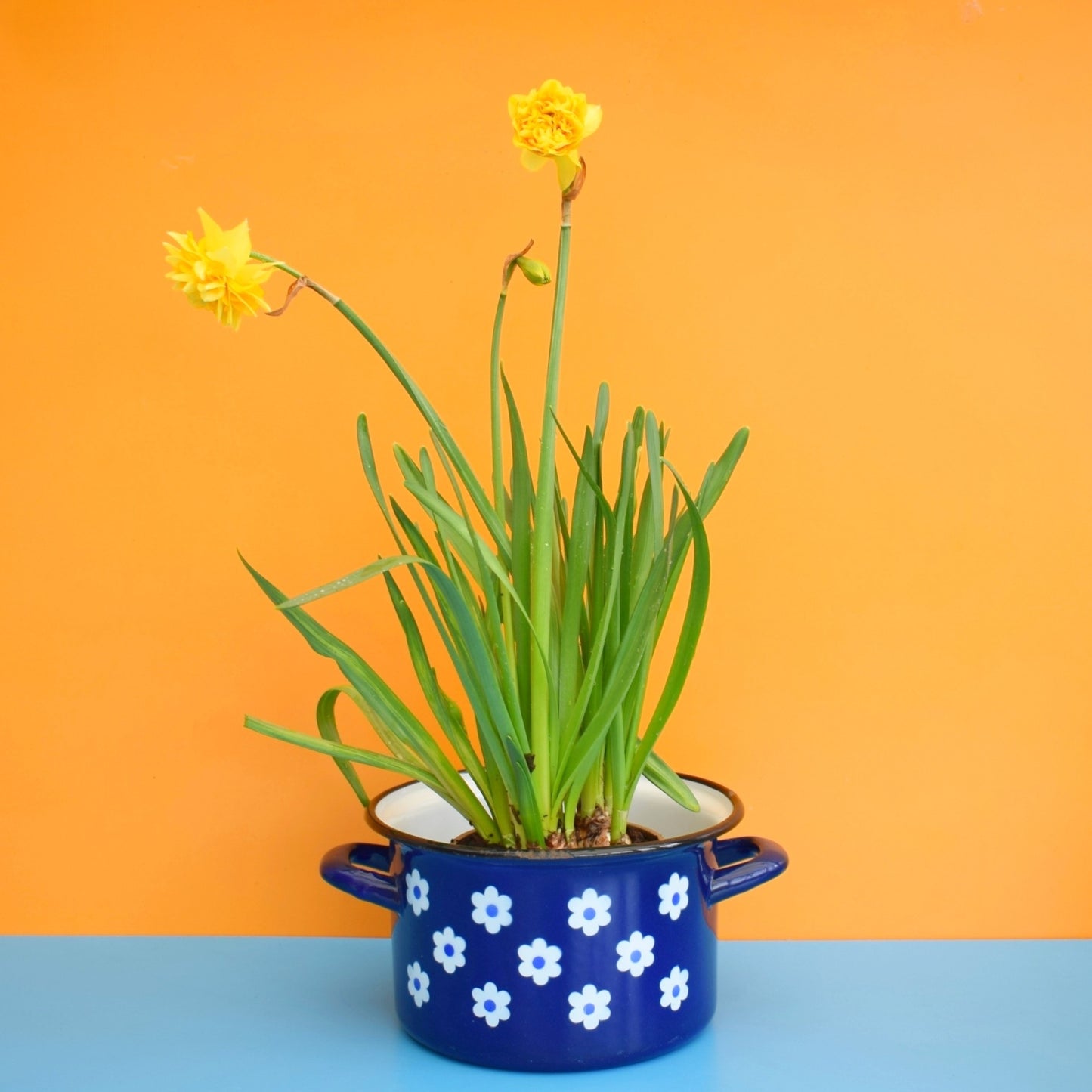 Vintage 1960s Enamel Casserole Base - Blue Flower Power