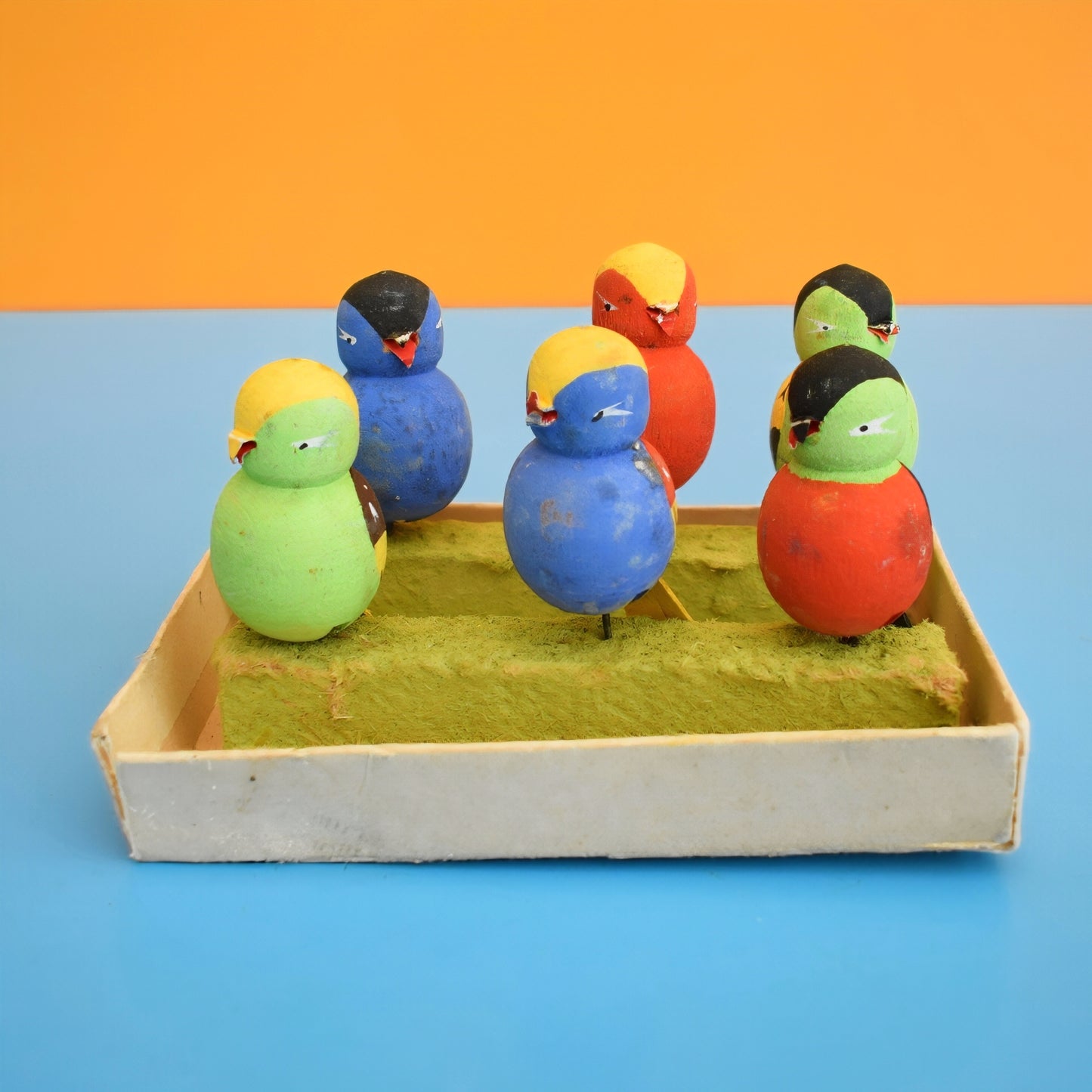 Vintage 1950s Wooden Bird Place Card Holders / Glass Markers