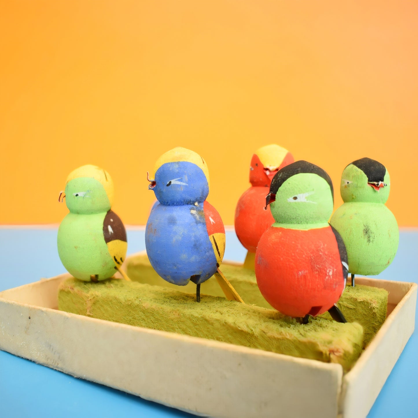 Vintage 1950s Wooden Bird Place Card Holders / Glass Markers