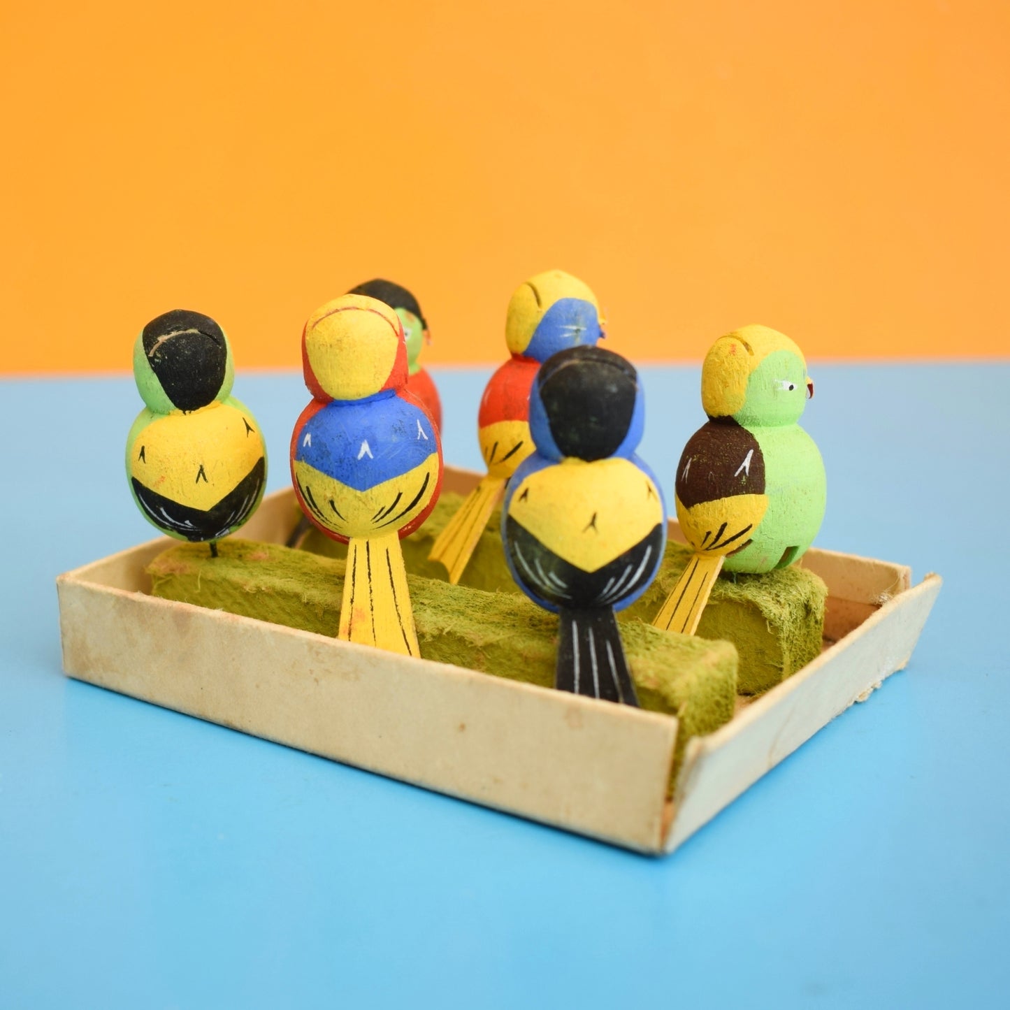 Vintage 1950s Wooden Bird Place Card Holders / Glass Markers