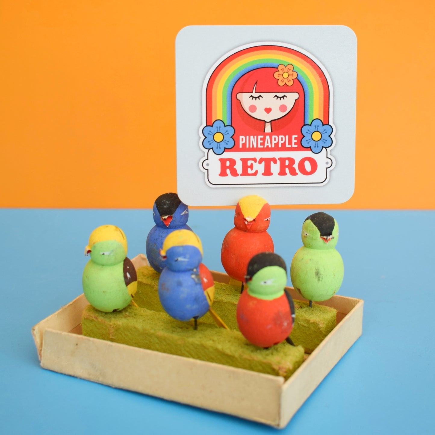 Vintage 1950s Wooden Bird Place Card Holders / Glass Markers