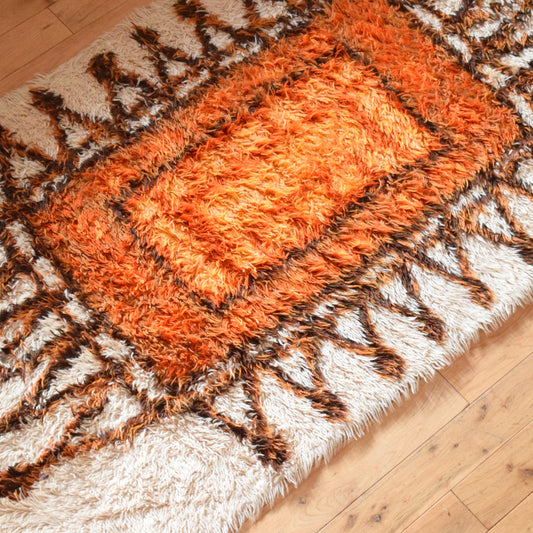 Vintage 1970s Shag Pile Rya Rug - Orange & Brown
