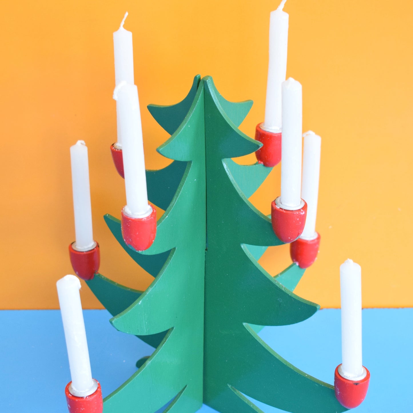 Vintage 1980s Wooden Christmas Tree Candle Holder / Candles