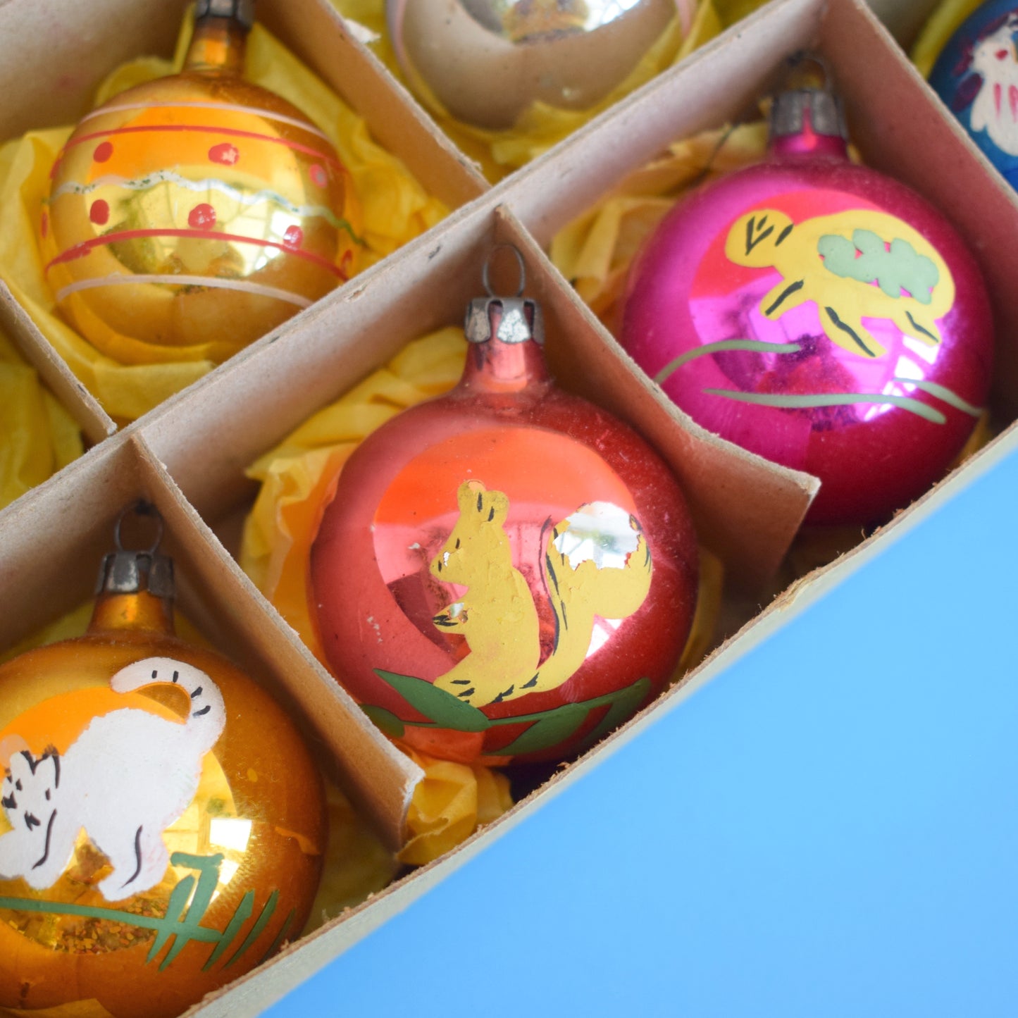 Vintage 1950s Glass Christmas Baubles - Hand Painted