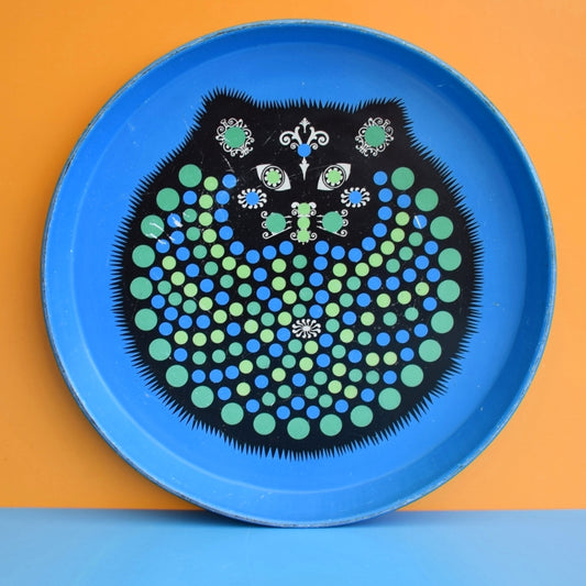 Vintage 1970s Round Cat Metal Tray - Blue - Reginald Corfield