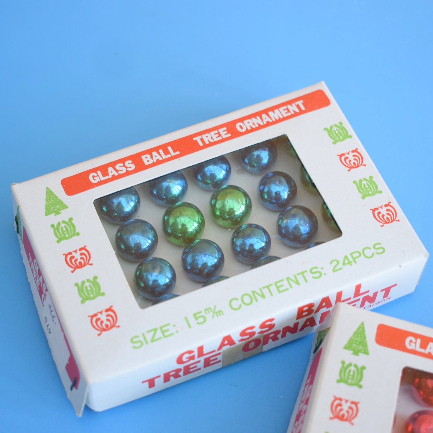Vintage 1970s Boxed Tiny Glass Christmas Baubles - Blue / Red