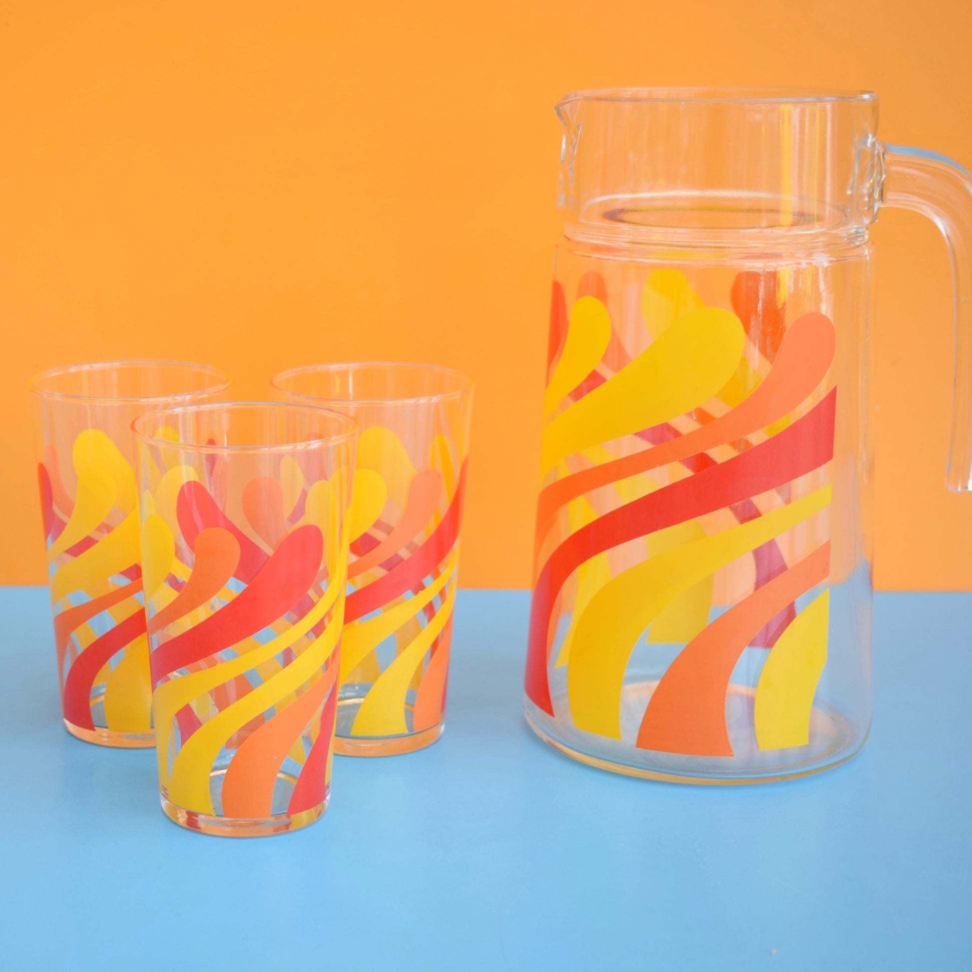 Vintage 1960s Glass Jug & Glass Set - Swirl Design, Orange & Yellow by Pineapple Retro