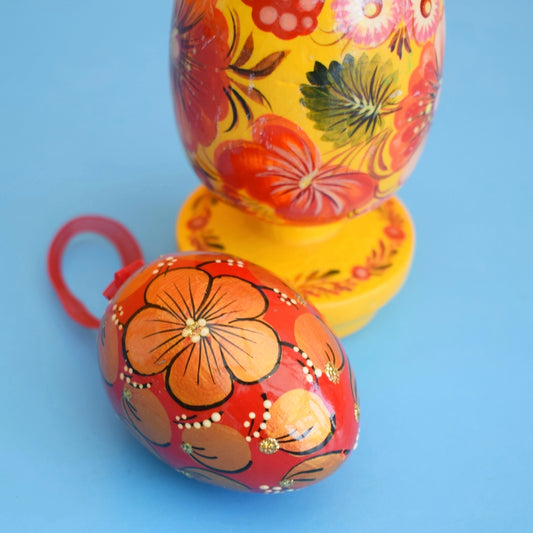 Vintage 1970s Wooden Hand Painted Egg Decorations - Folk Art