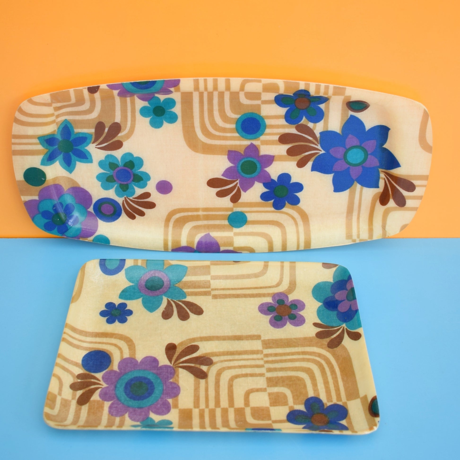 Vintage 1960s Fibreglass Trays - Blue Flowers x2 by Vintage