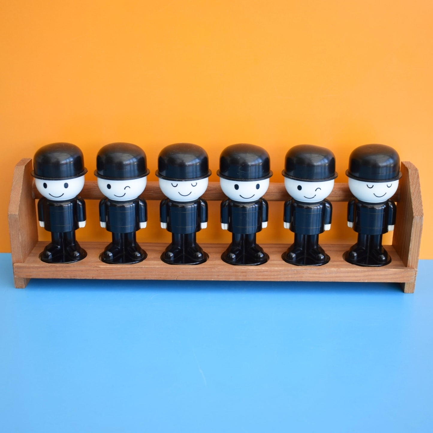 Vintage 1970s Plastic Spillers Fred Spice Set & Wooden Rack by Pineapple Retro