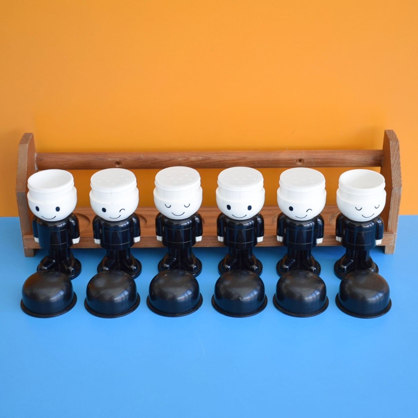 Vintage 1970s Plastic Spillers Fred Spice Set & Wooden Rack by Pineapple Retro