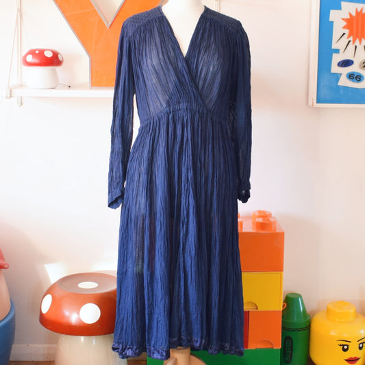 Vintage 1970s Monsoon Dress - Rich Blue Cotton - Size 14/ Free