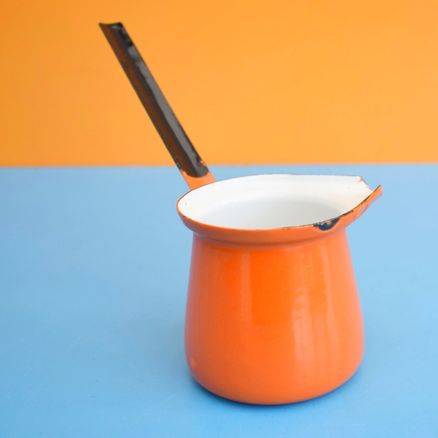 Vintage 1960s Enamel Ladle / Turkish Coffee Pot - Orange