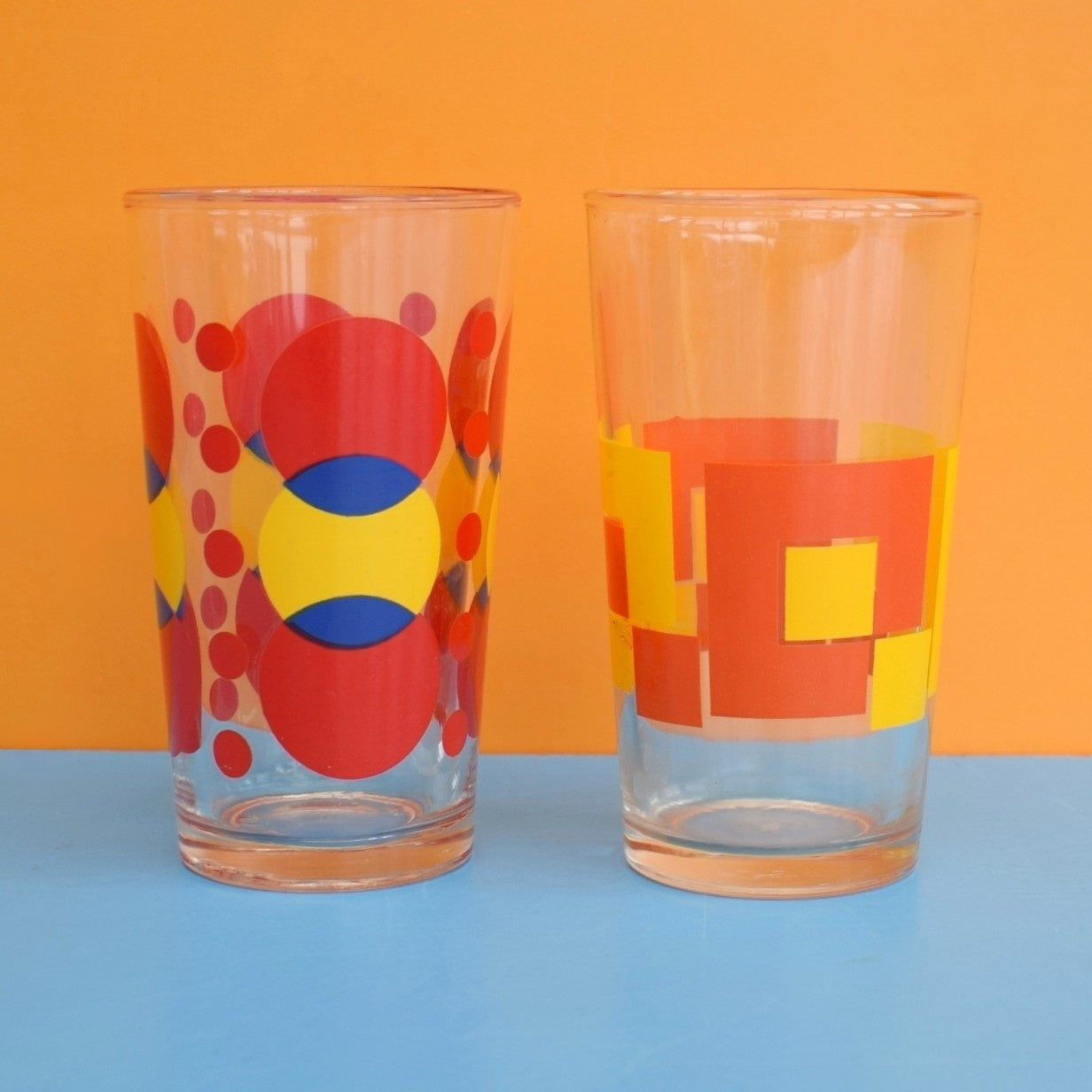Vintage 1970s Mixed Drinking Glass Pair - Orange/ Red