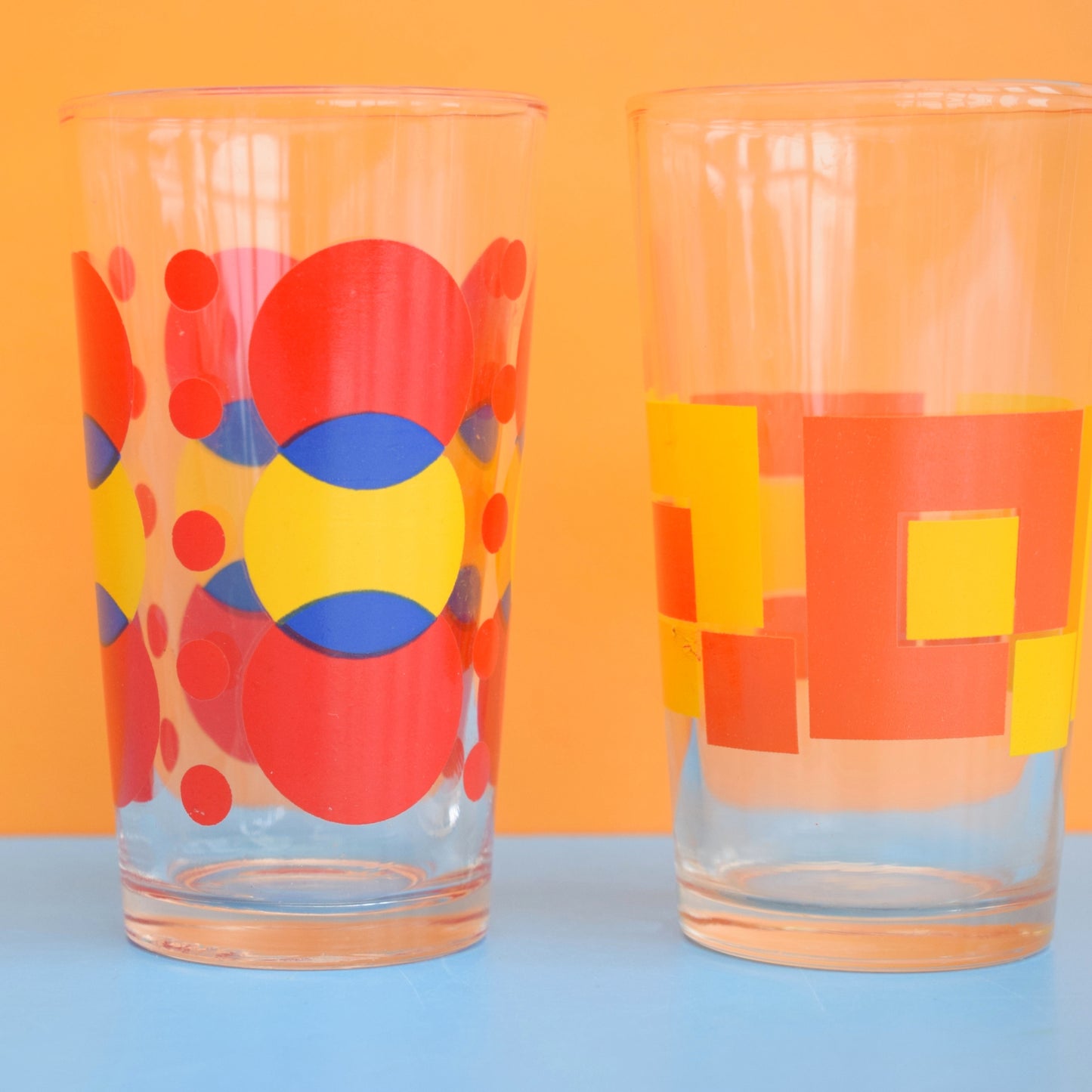 Vintage 1970s Mixed Drinking Glass Pair - Orange/ Red