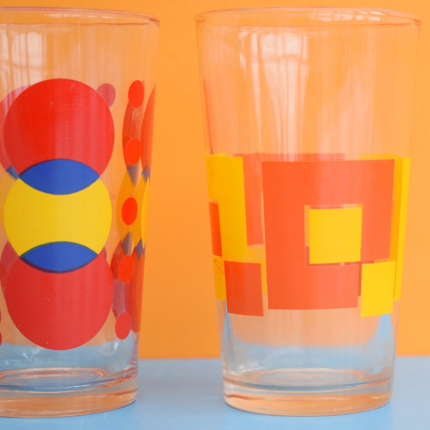 Vintage 1970s Mixed Drinking Glass Pair - Orange/ Red