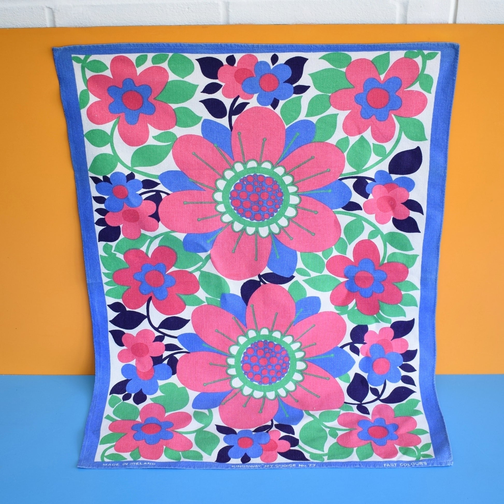 Vintage 1970s Tea Towel - Flower Power - Pink & Blue by Pineapple Retro