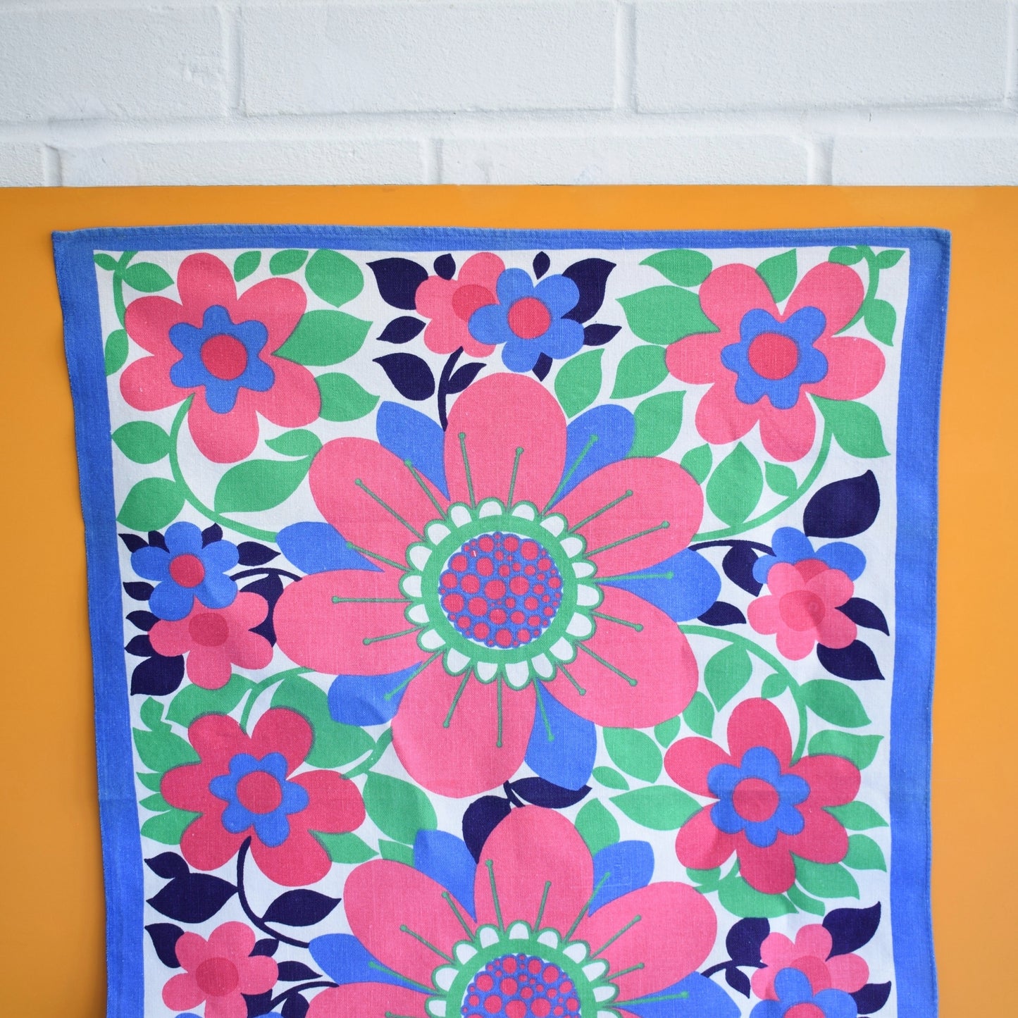 Vintage 1970s Tea Towel - Flower Power - Pink & Blue by Pineapple Retro