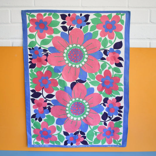 Vintage 1970s Tea Towel - Flower Power - Pink & Blue by Pineapple Retro